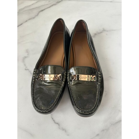 COACH Olive Patent Leather Green Gray Loafers Size 6.5 - Picture 1 of 7